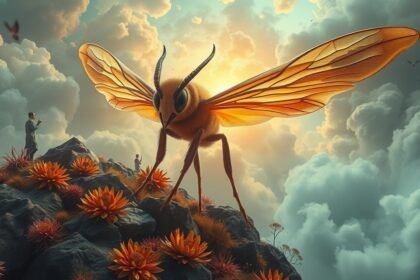 Calabrone gigante in un paesaggio onirico con figure umane.