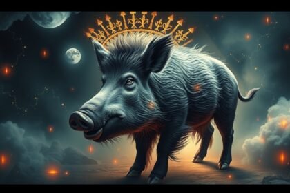 Cinghiale simbolico con corona, rappresentazione di aggressività e istinto