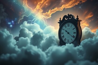 Orologio misterioso tra nuvole e cosmo