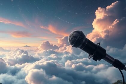 Microfono su nuvole al tramonto simboleggia il sogno di fama