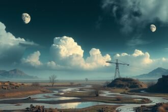 Paesaggio onirico con nuvole e luna, simbolo di riflessione interiore.