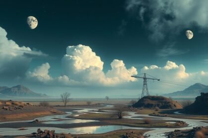 Paesaggio onirico con nuvole e luna, simbolo di riflessione interiore.