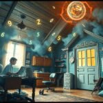 Giovane uomo in una casa disordinata con numeri fortunati in evidenza