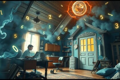 Giovane uomo in una casa disordinata con numeri fortunati in evidenza