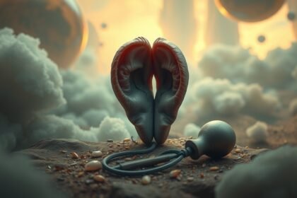 Orecchie simboliche con pus in un ambiente onirico che rappresenta maldicenze e ascolto