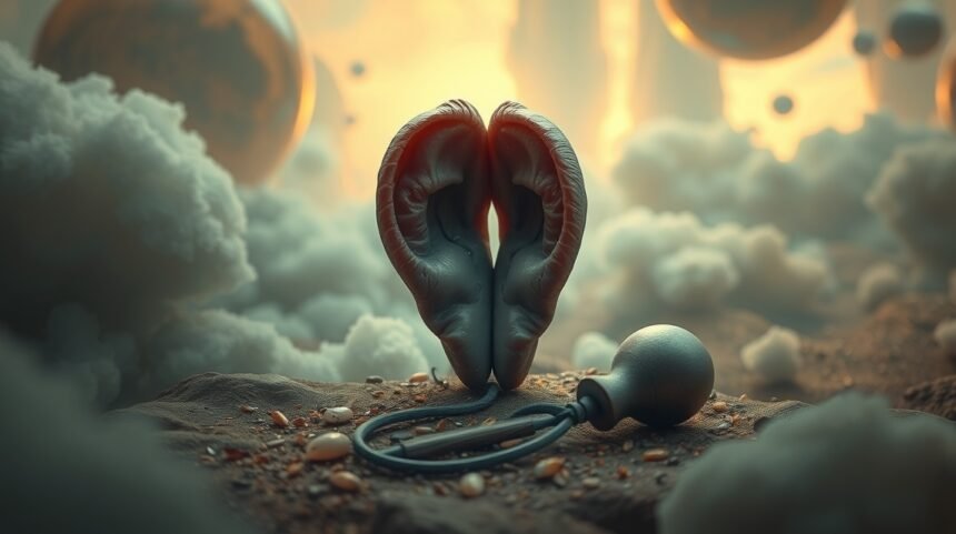 Orecchie simboliche con pus in un ambiente onirico che rappresenta maldicenze e ascolto