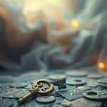 Chiave dorata su un tavolo con monete e tessuto giallo