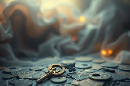 Chiave dorata su un tavolo con monete e tessuto giallo