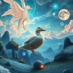 Papera in un paesaggio onirico con elementi fantastici