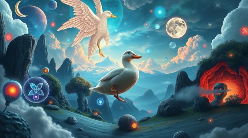 Papera in un paesaggio onirico con elementi fantastici