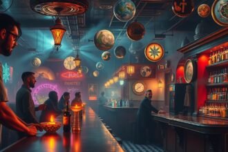 Interno di un bar con clienti, decorazioni e atmosfera accogliente