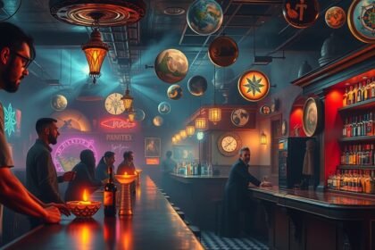 Interno di un bar con clienti, decorazioni e atmosfera accogliente