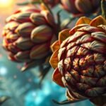 Carciofi freschi con spinosità e colori vivaci in un contesto magico.