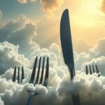 Posate d'acciaio tra le nuvole, simbolo di solidità e praticità nei sogni.