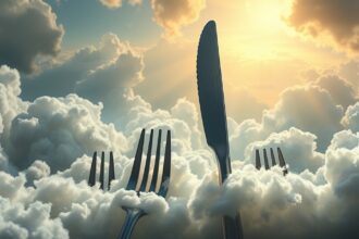 Posate d'acciaio tra le nuvole, simbolo di solidità e praticità nei sogni.