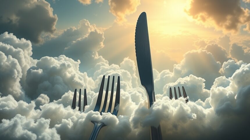 Posate d'acciaio tra le nuvole, simbolo di solidità e praticità nei sogni.