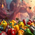 Peperoni colorati e freschi con sfondo artistico.