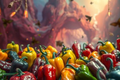 Peperoni colorati e freschi con sfondo artistico.