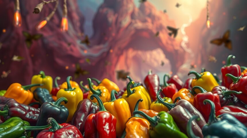 Peperoni colorati e freschi con sfondo artistico.