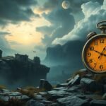 Orologio antico in un paesaggio misterioso e suggestivo