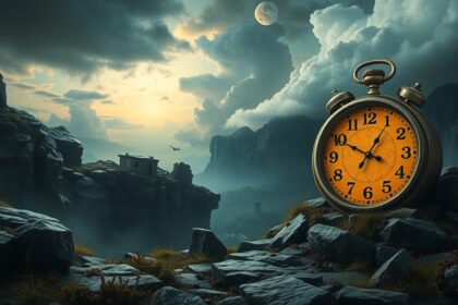 Orologio antico in un paesaggio misterioso e suggestivo