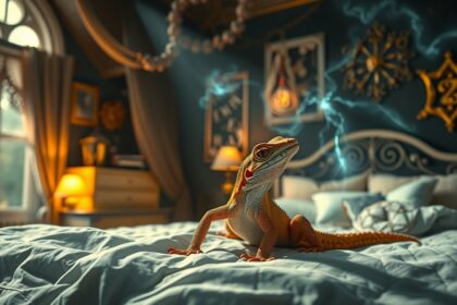 Geco su un letto in camera da letto, simbolo di sogni e fortuna