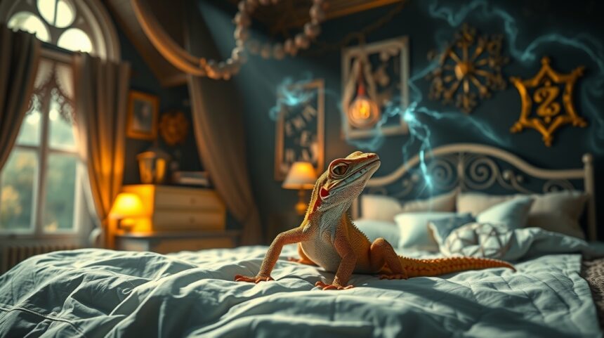 Geco su un letto in camera da letto, simbolo di sogni e fortuna