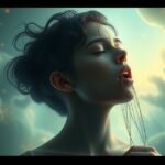 Donna che rimuove fili dalla bocca, simbolo di liberazione emotiva