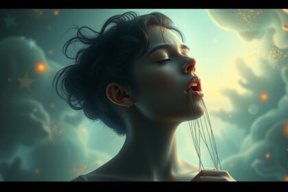 Donna che rimuove fili dalla bocca, simbolo di liberazione emotiva