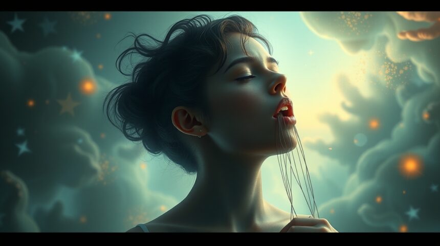 Donna che rimuove fili dalla bocca, simbolo di liberazione emotiva