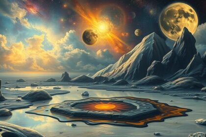 Paesaggio onirico con olio e pianeti in un cielo stellato