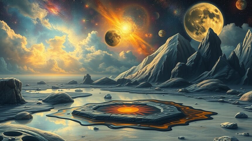 Paesaggio onirico con olio e pianeti in un cielo stellato