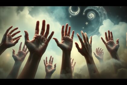 Mani alzate verso un cielo stellato, simbolo di sogni e interpretazioni psicologiche.