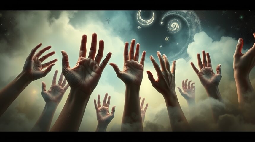 Mani alzate verso un cielo stellato, simbolo di sogni e interpretazioni psicologiche.