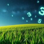 Erba verde tagliata con numeri luminosi nel cielo notturno