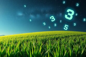 Erba verde tagliata con numeri luminosi nel cielo notturno