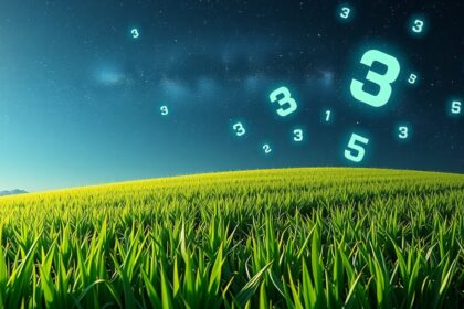 Erba verde tagliata con numeri luminosi nel cielo notturno