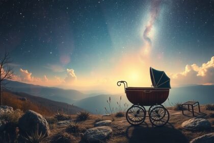Carrozzina di neonato sotto un cielo stellato all'alba