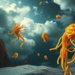 Spaghetti fluttuanti in un paesaggio magico e surreale