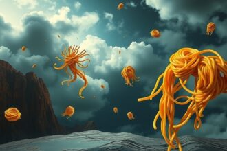 Spaghetti fluttuanti in un paesaggio magico e surreale