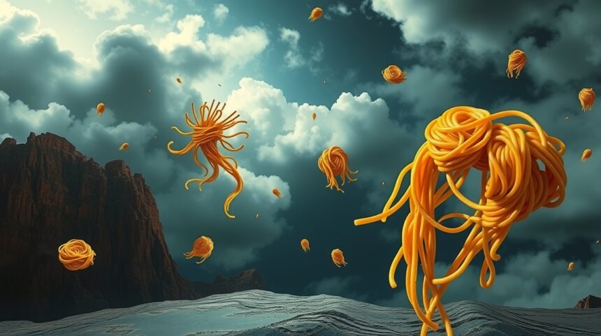 Spaghetti fluttuanti in un paesaggio magico e surreale