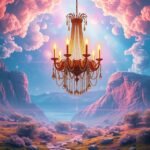 Lampadario elegante illuminato in un paesaggio onirico.