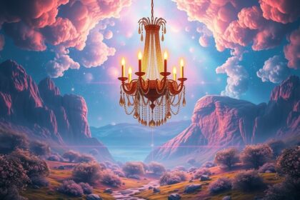 Lampadario elegante illuminato in un paesaggio onirico.