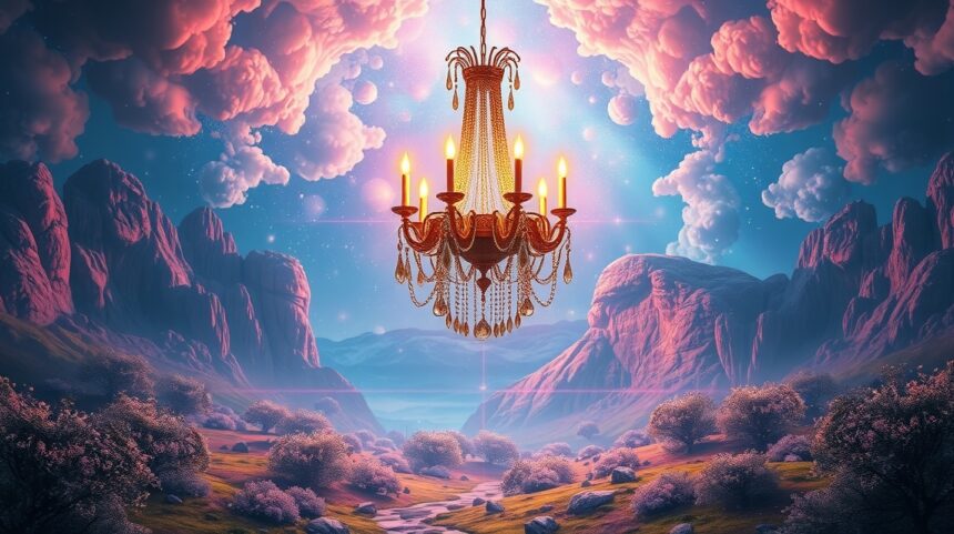 Lampadario elegante illuminato in un paesaggio onirico.