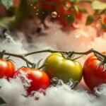 Pomodori freschi rossi e verdi con effetto nebbia