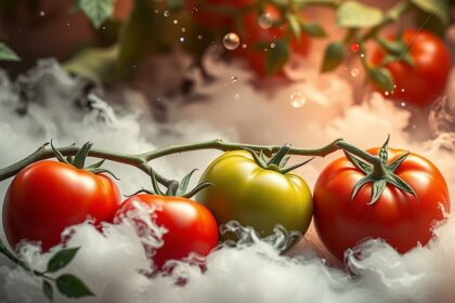 Pomodori freschi rossi e verdi con effetto nebbia