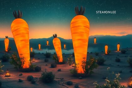 Carote luminose nel deserto al crepuscolo, simbolo di fertilità e salute.