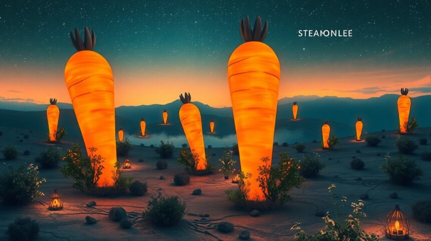 Carote luminose nel deserto al crepuscolo, simbolo di fertilità e salute.