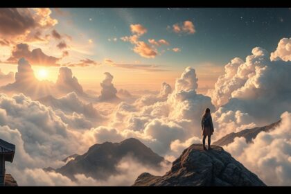 Giovane donna su una montagna con vista su nuvole e cielo al tramonto