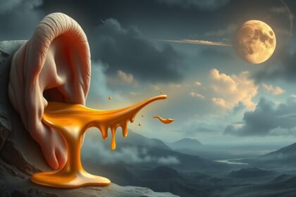 Orecchio che perde cerume in un paesaggio onirico